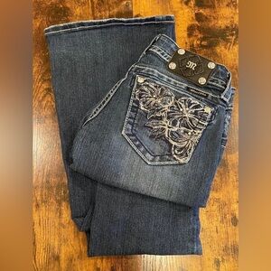 Miss Me Womens Denim Flare Jeans w/embroidered Flowers, bling, studs sz 27